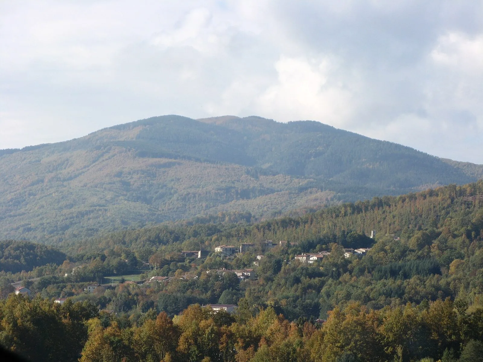 Il Monte Reventino coperto di boschi dai colori autunnali, con un piccolo abitato tra gli alberi ai suoi piedi e nuvole sopra la cima